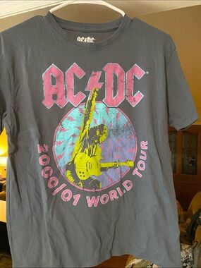 AC/DC Black Tee with Pink, Teal & Yellow Tour Graphic